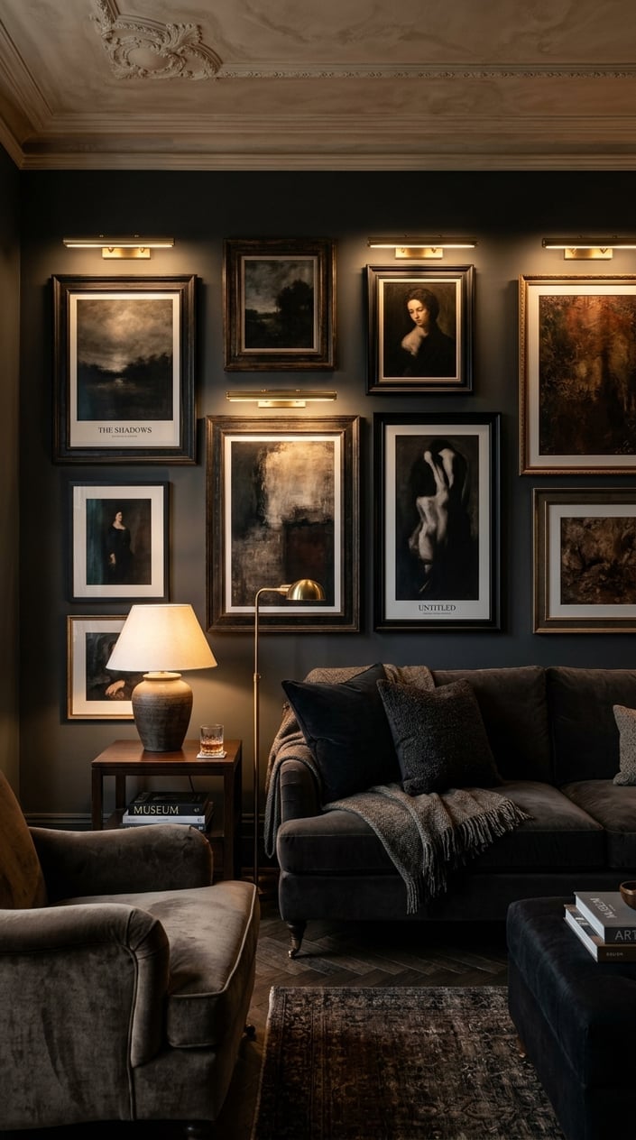 Dark Moody Living Room Lighting Idea 6 Picture Lights