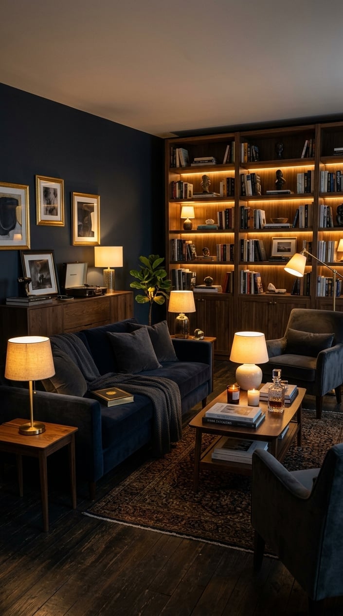 Dark Moody Living Room Lighting Idea 7 Multiple Small Lamps
