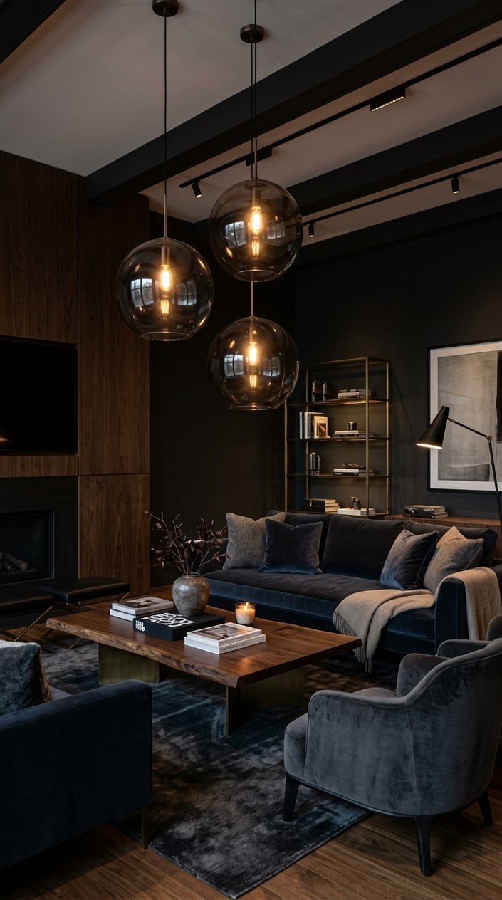 Dark Moody Living Room Lighting Idea 8 Smoke Glass Pendant Lights