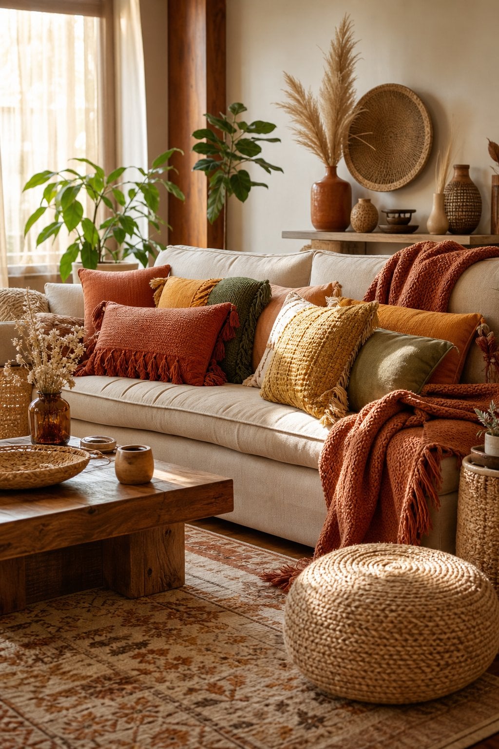 Fall Boho Living Room Decor Idea 1 Layered Textiles