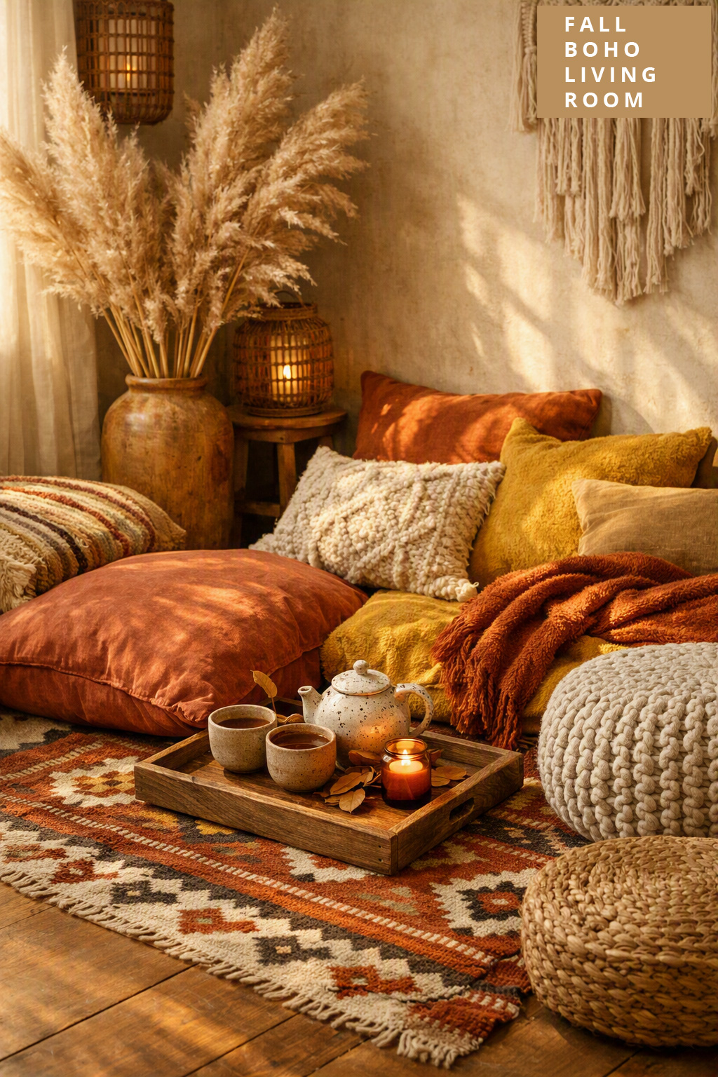 Fall Boho Living Room Decor Idea 10 Low Seating and Poufs