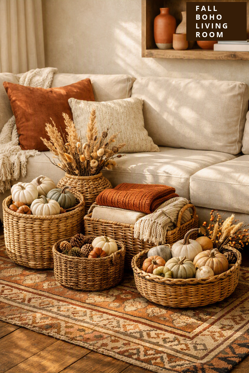 Fall Boho Living Room Decor Idea 11 Woven Baskets