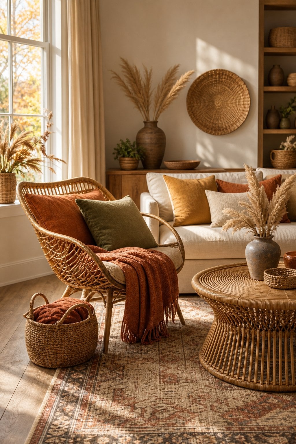 Fall Boho Living Room Decor Idea 2 Rattan Accents