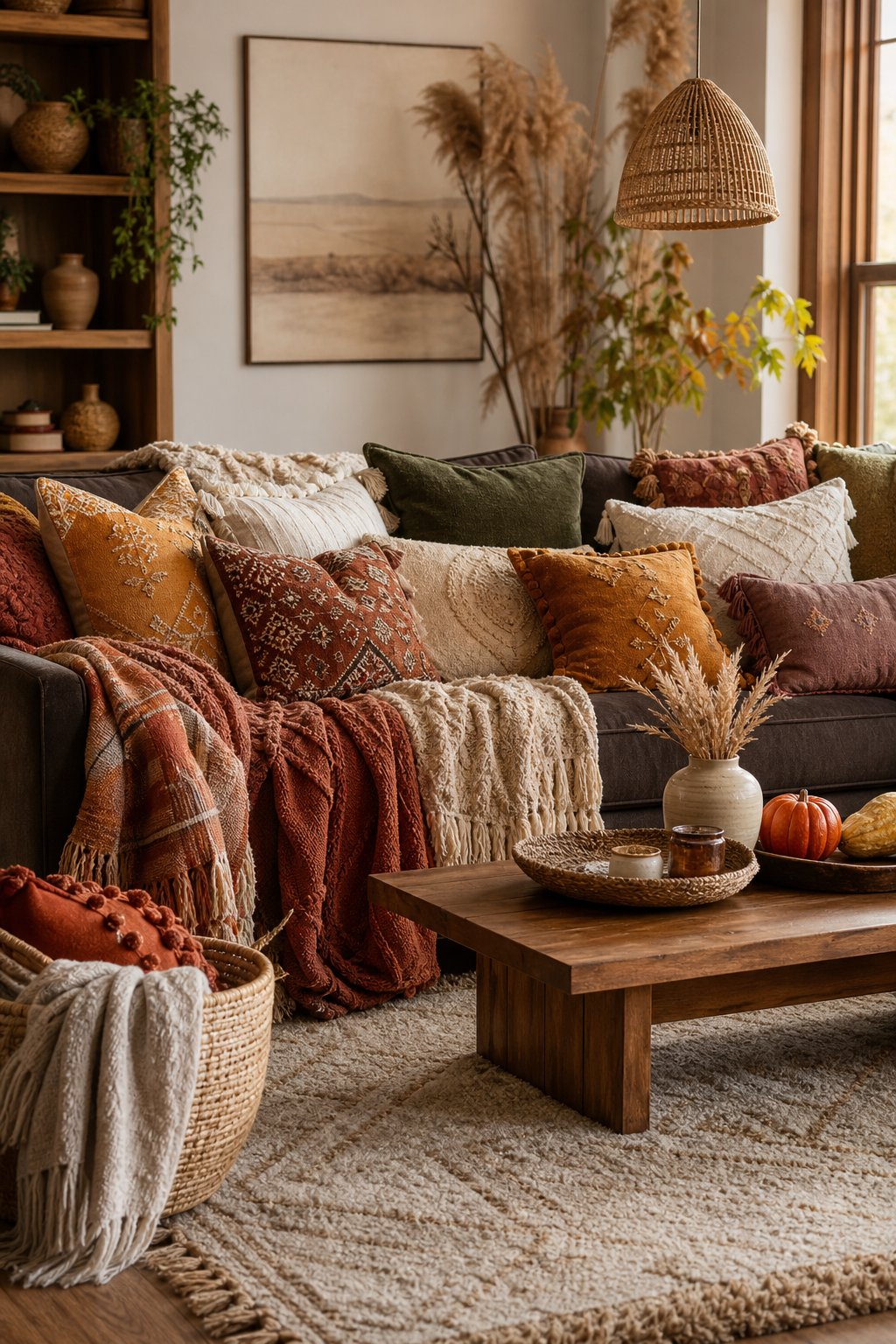 Fall Boho Living Room Decor Idea 3 Throws and Pillows