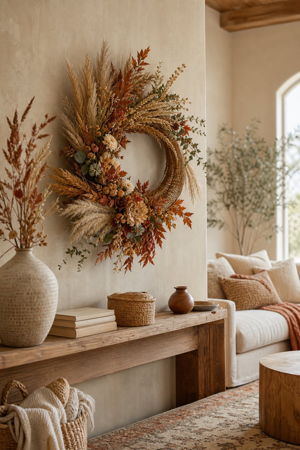 Fall Boho Living Room Decor Idea 5 Autumn Wreath