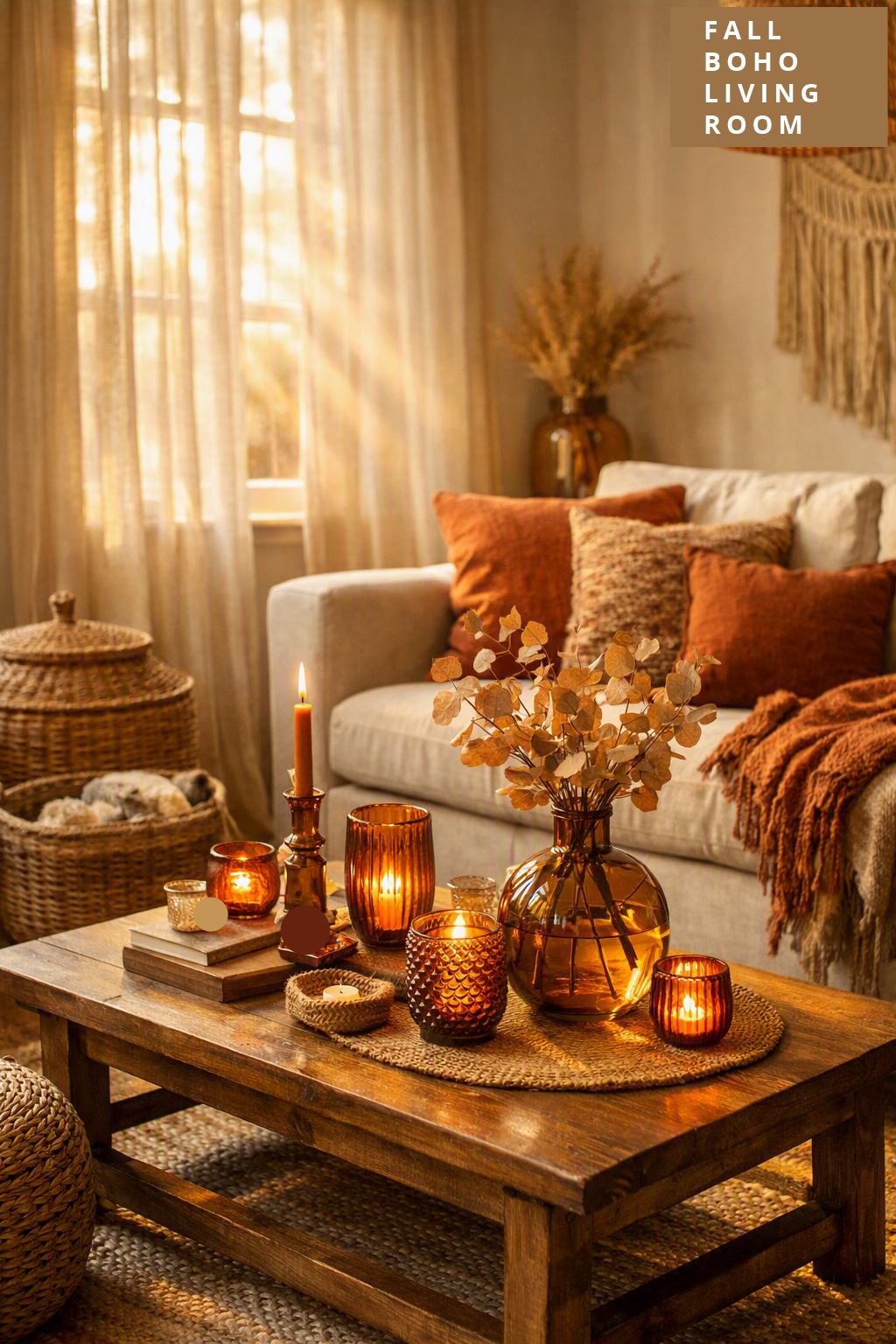 Fall Boho Living Room Decor Idea 6 Amber Glass