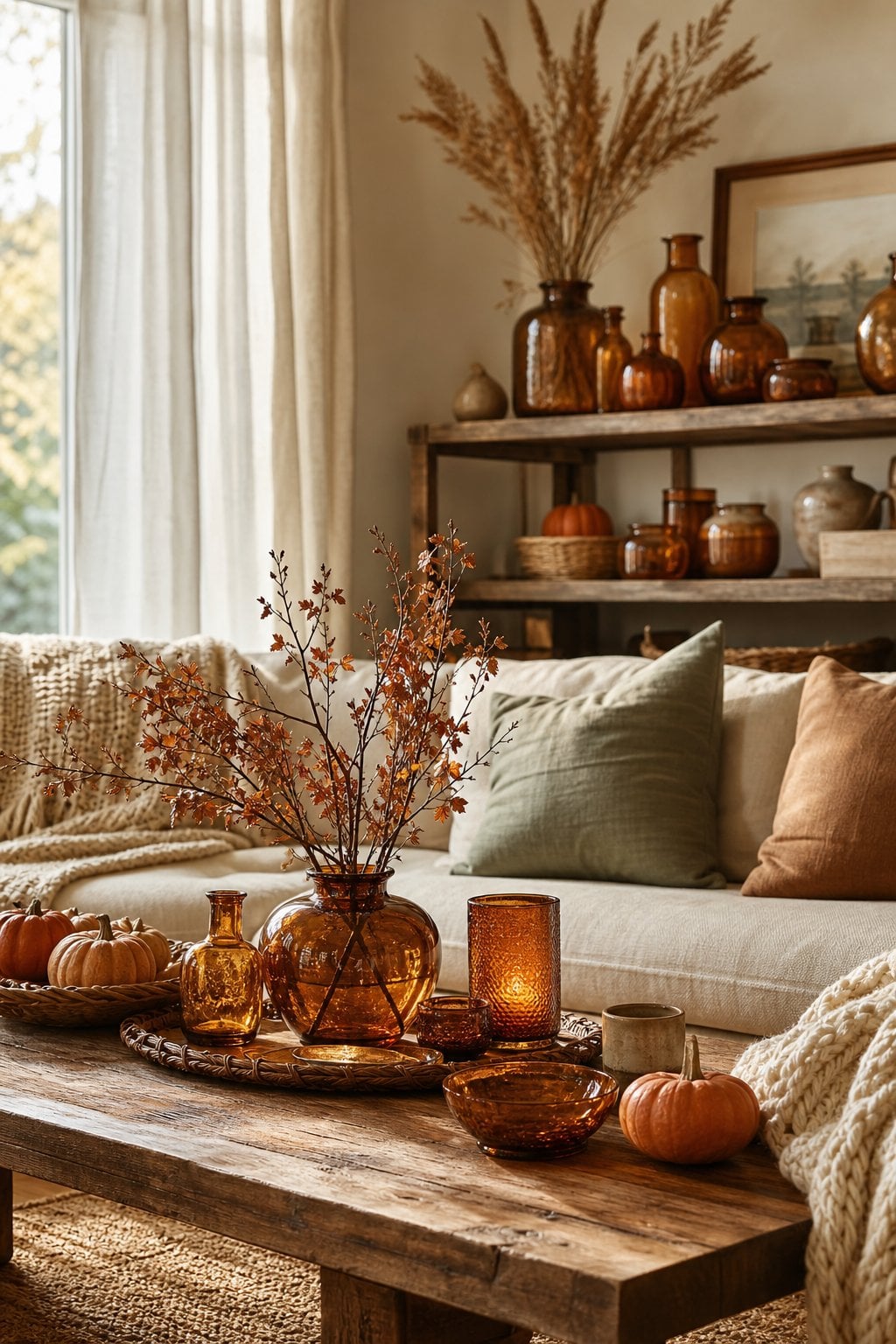 Fall Decor Ideas Cottagecore Living Room 5 Amber Glass Decor