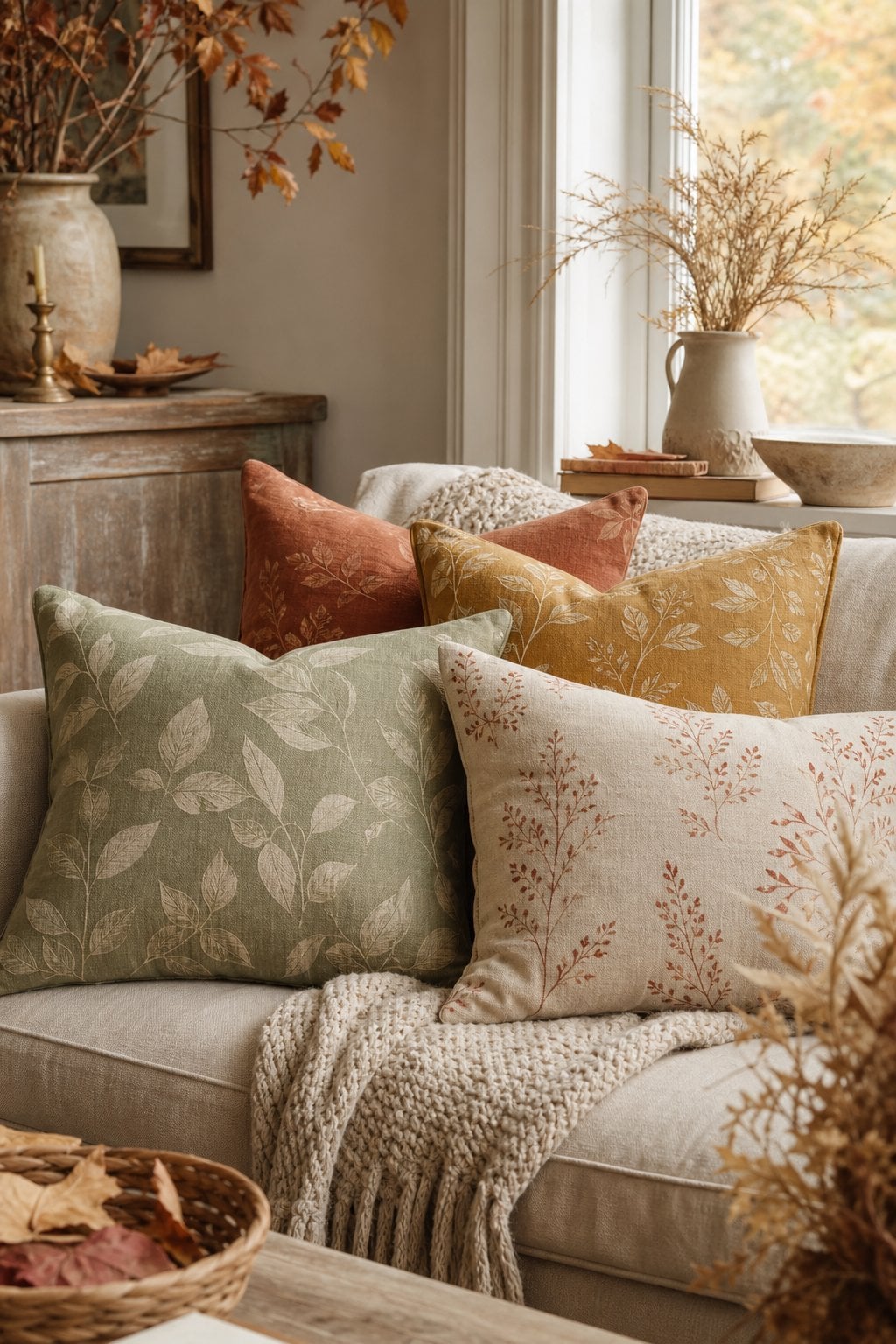 Fall Decor Ideas Cottagecore Living Room 6 Pillows with Leaf Patterns