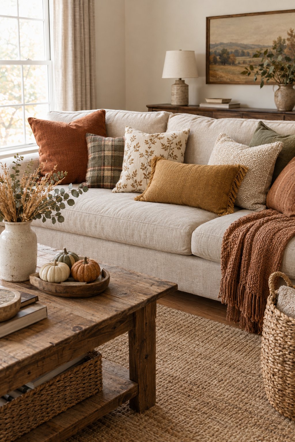 Fall Farmhouse Living Room Decor Idea 3 Throw Pillows