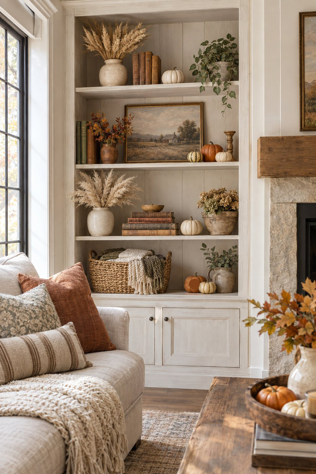 Fall Farmhouse Living Room Decor Idea 5 Shelf Decor
