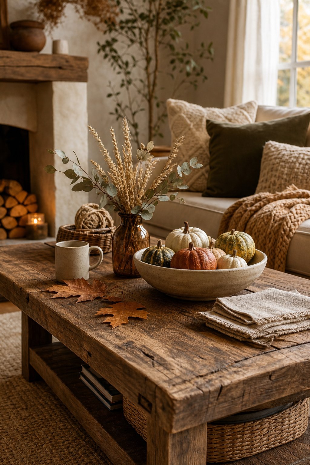 Fall Rustic Living Room Decor Idea 1 Wood Coffee Table