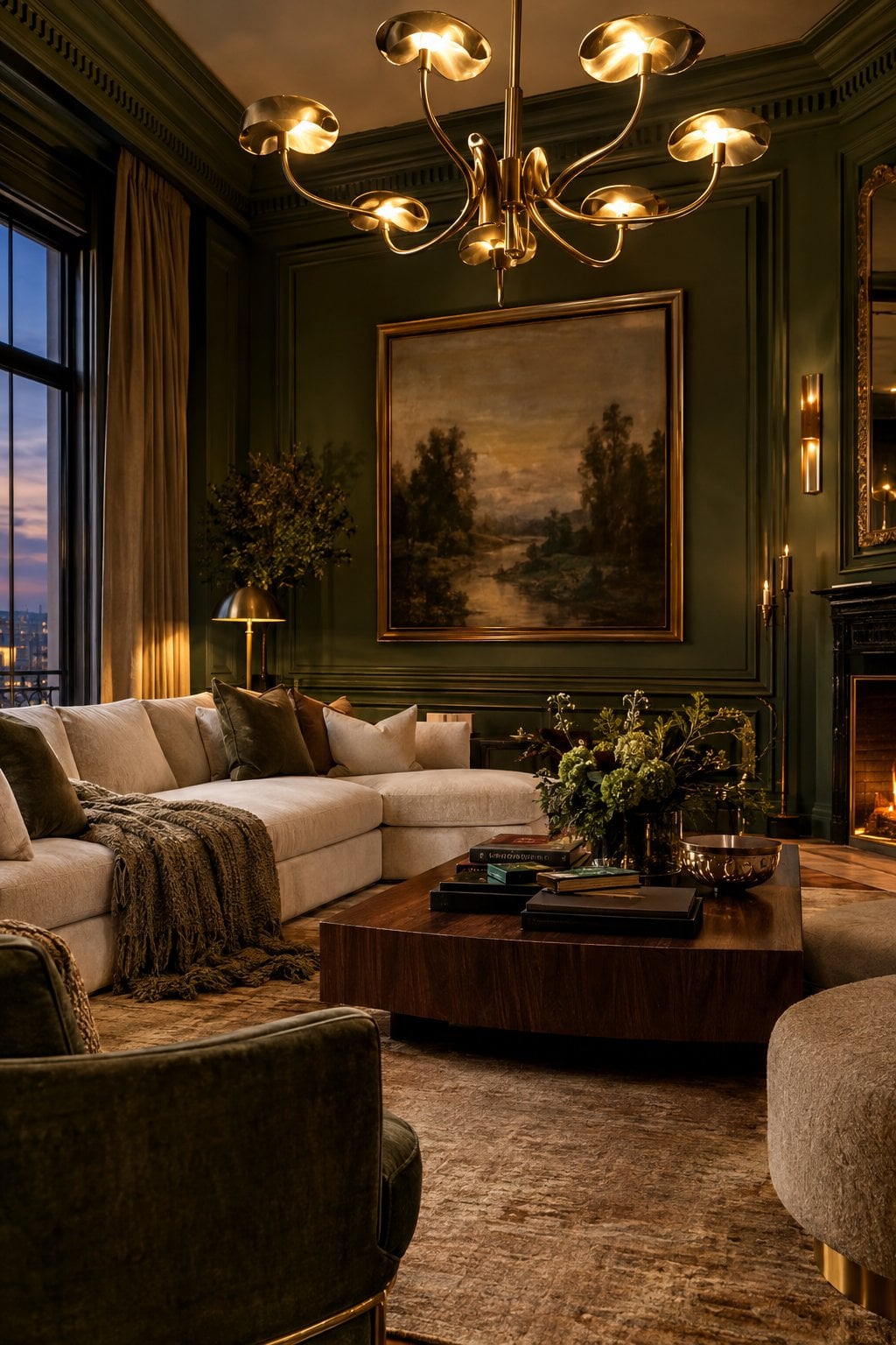 Green Living Room Lighting Idea 1 Statement Ceiling Lighting Brass Details