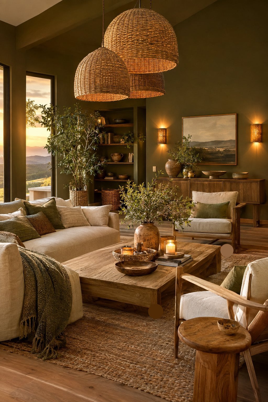 Green Living Room Lighting Idea 4 Olive with Woven Pendants