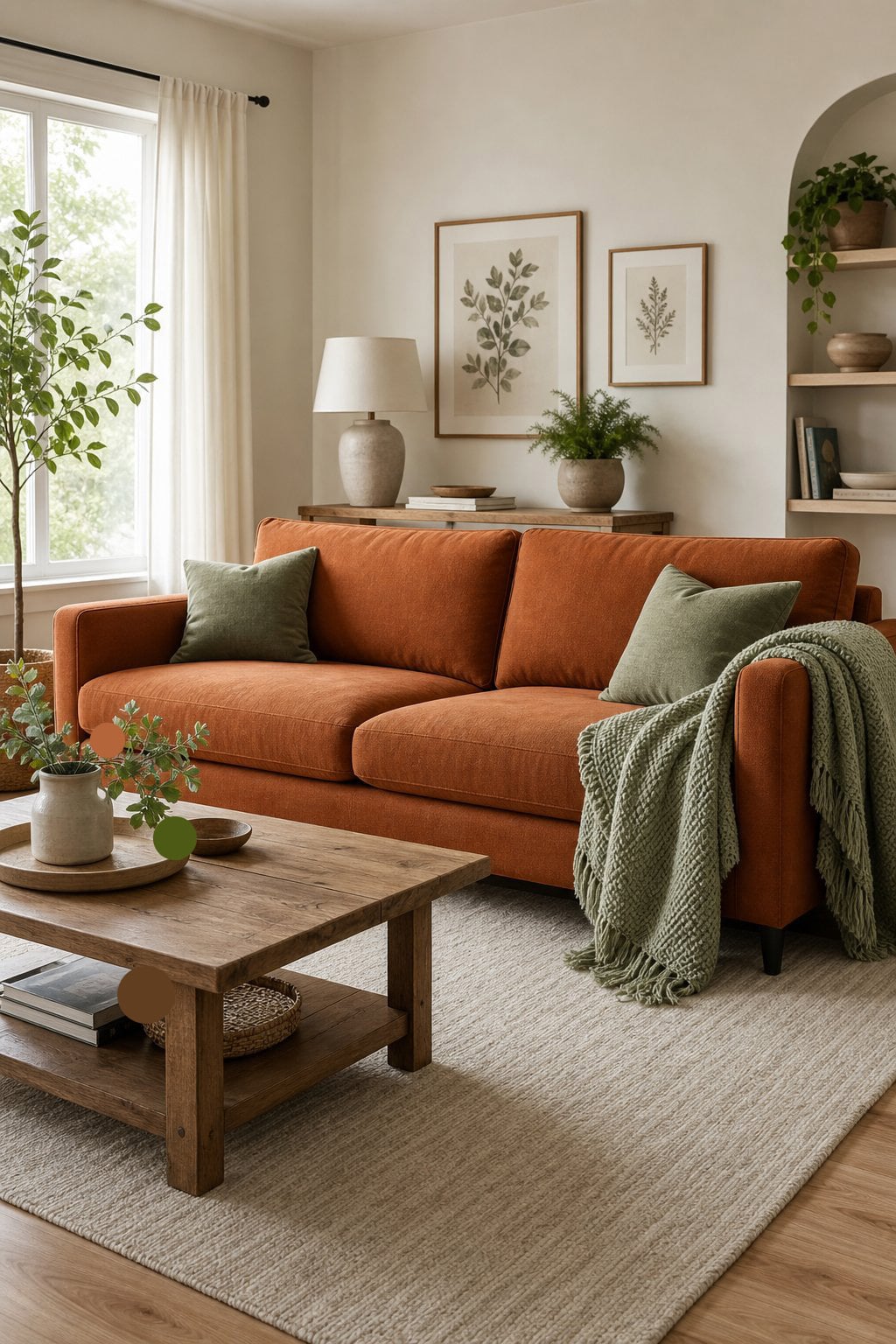 Living Room Decor Idea 1 Rust Sofa with Soft Green Accents