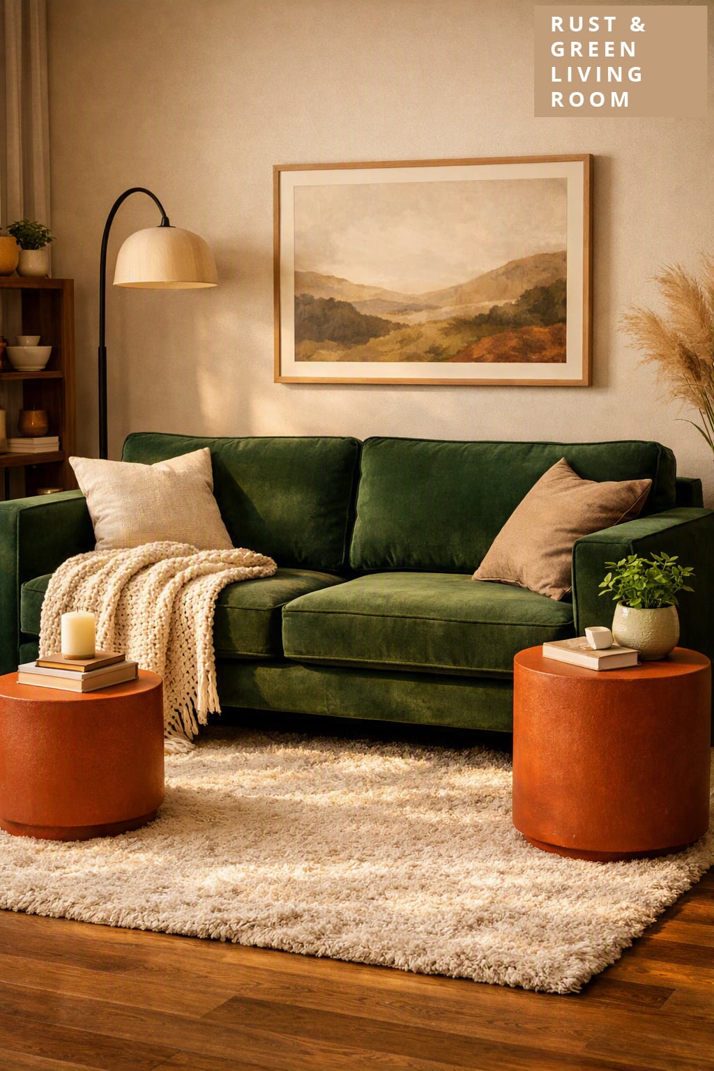 Living Room Decor Idea 10 Forest Green Sofa with Terracotta Side Tables