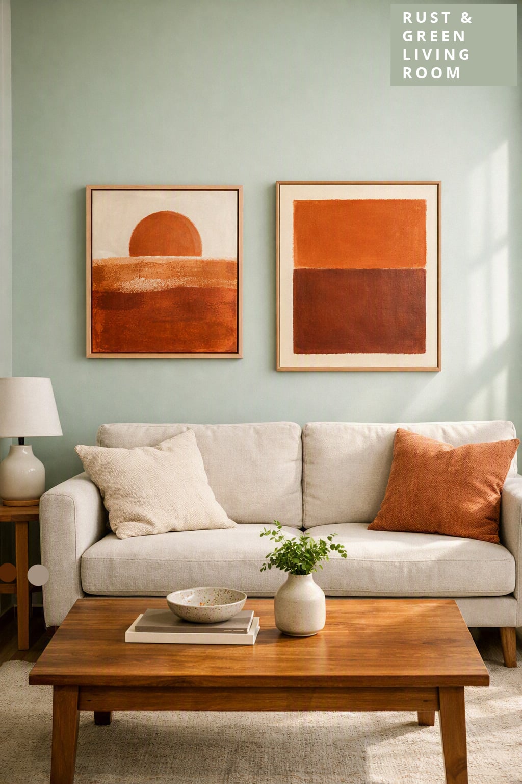 Living Room Decor Idea 11 Sage Walls with Rust Artwork