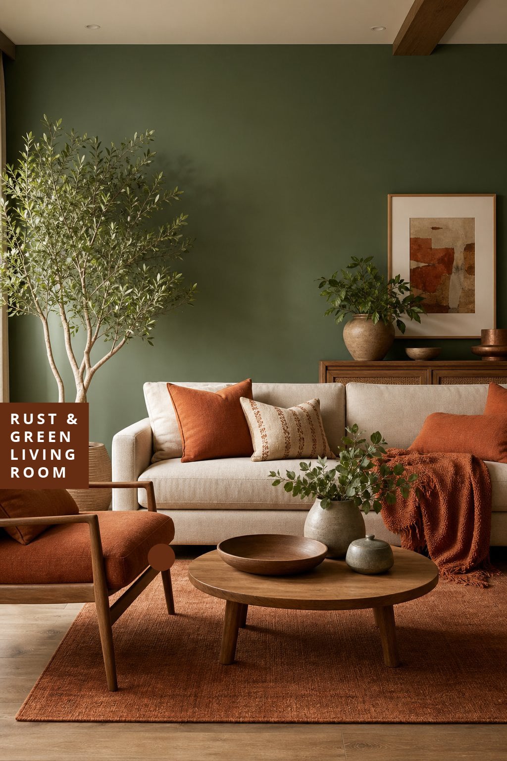 Living Room Decor Idea 2 Green Walls with Warm Rust Textiles