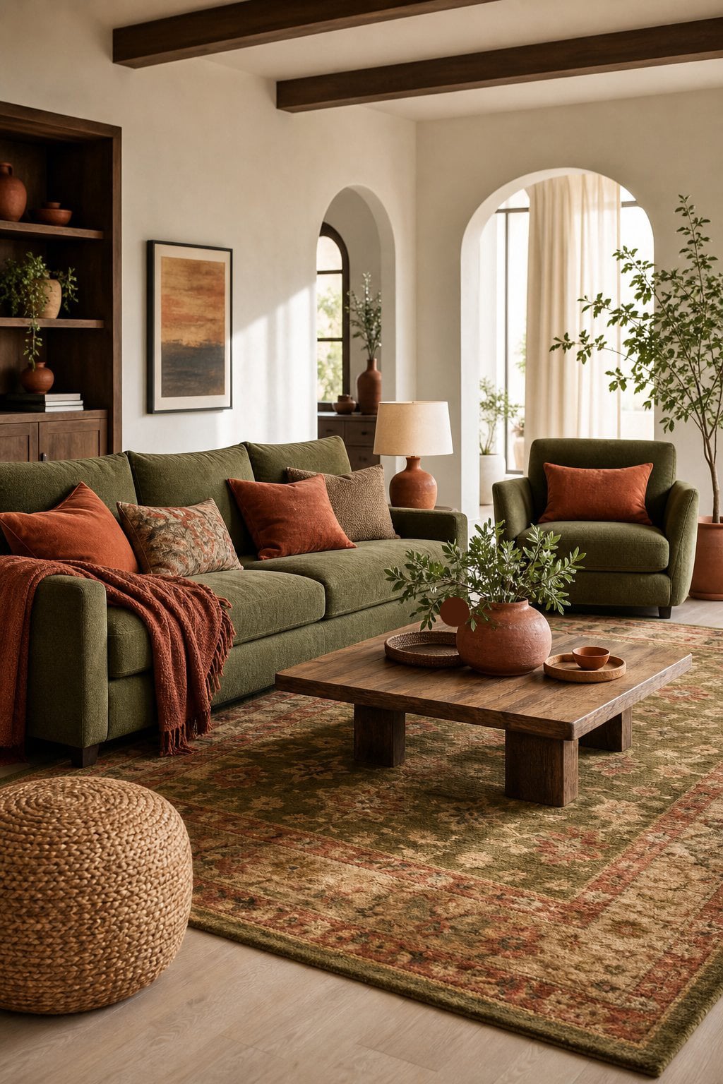 Living Room Decor Idea 3 Olive Green Seating with Terracotta Details