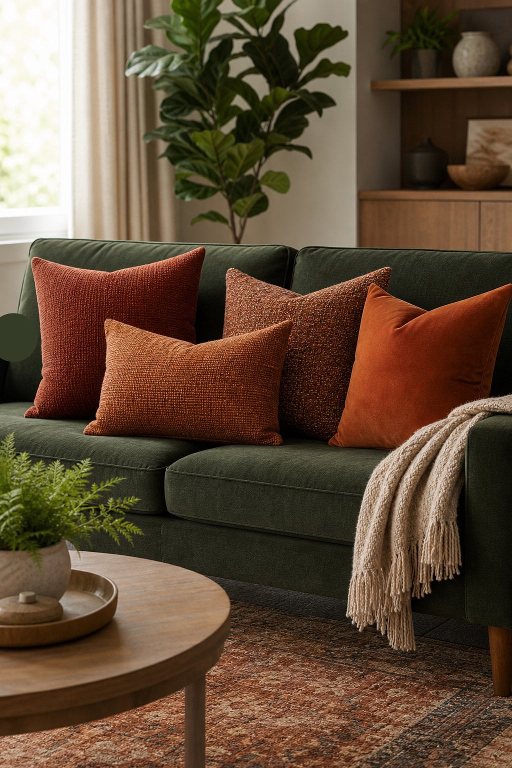 Living Room Decor Idea 4 Rust Throw Pillows Deep Green Couch
