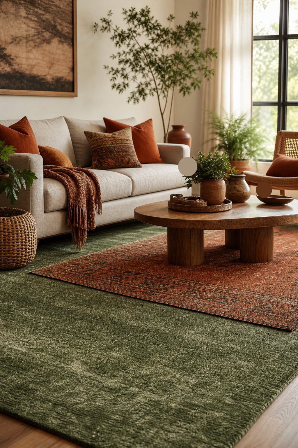 Living Room Decor Idea 5 Green Area Rug Burnt Orange Layers