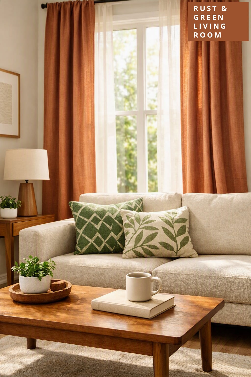 Living Room Decor Idea 7 Rust Curtains with Green Patterned Pillows
