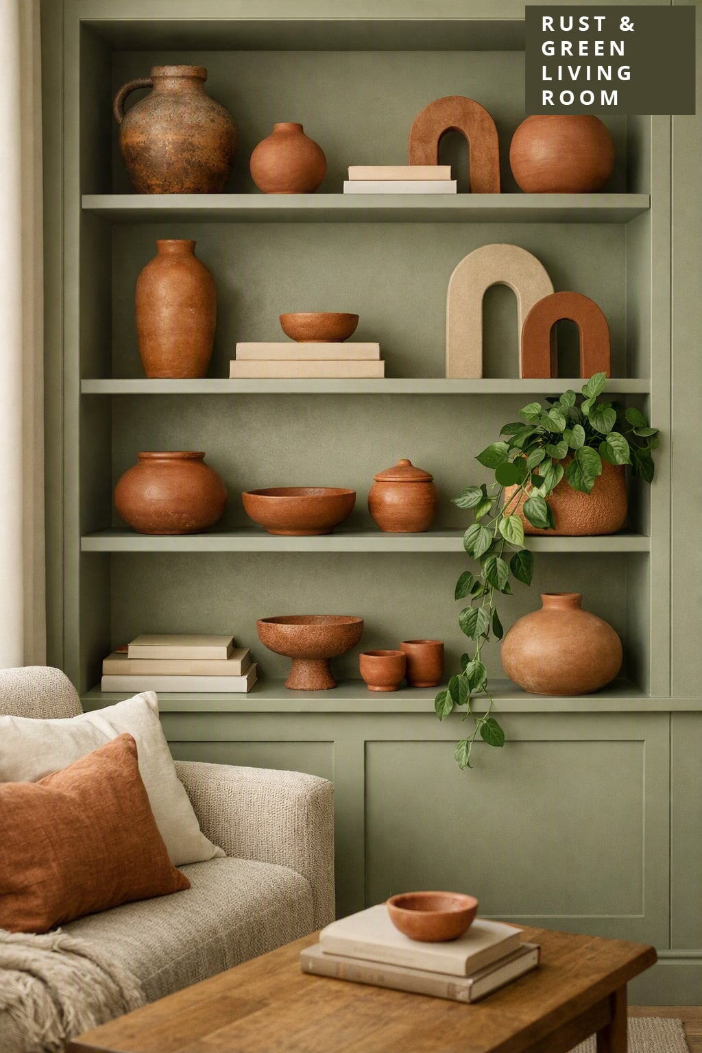 Living Room Decor Idea 8 Green Built Ins with Warm Clay Decor