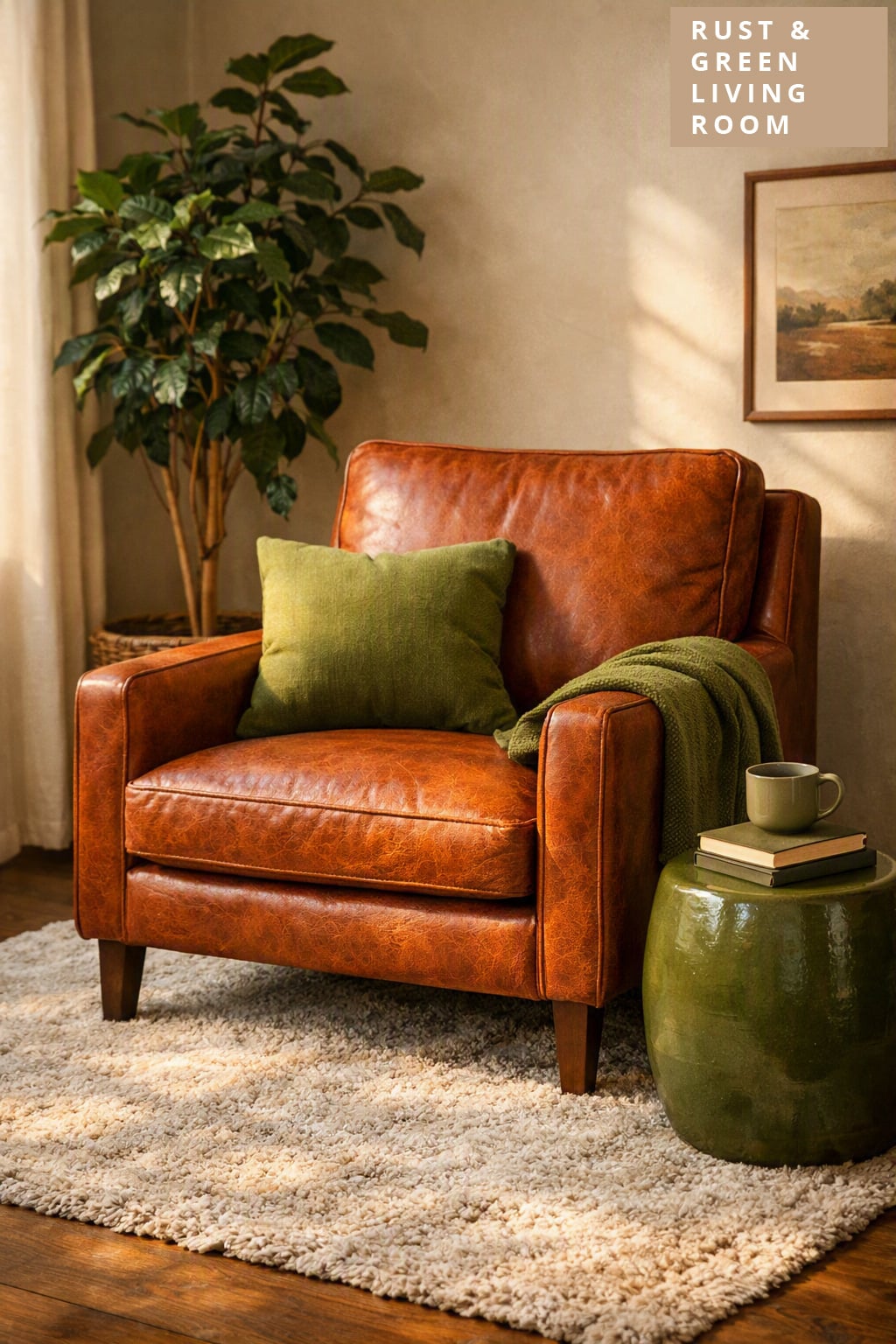 Living Room Decor Idea 9 Leather Rust Chair with Olive Accessories