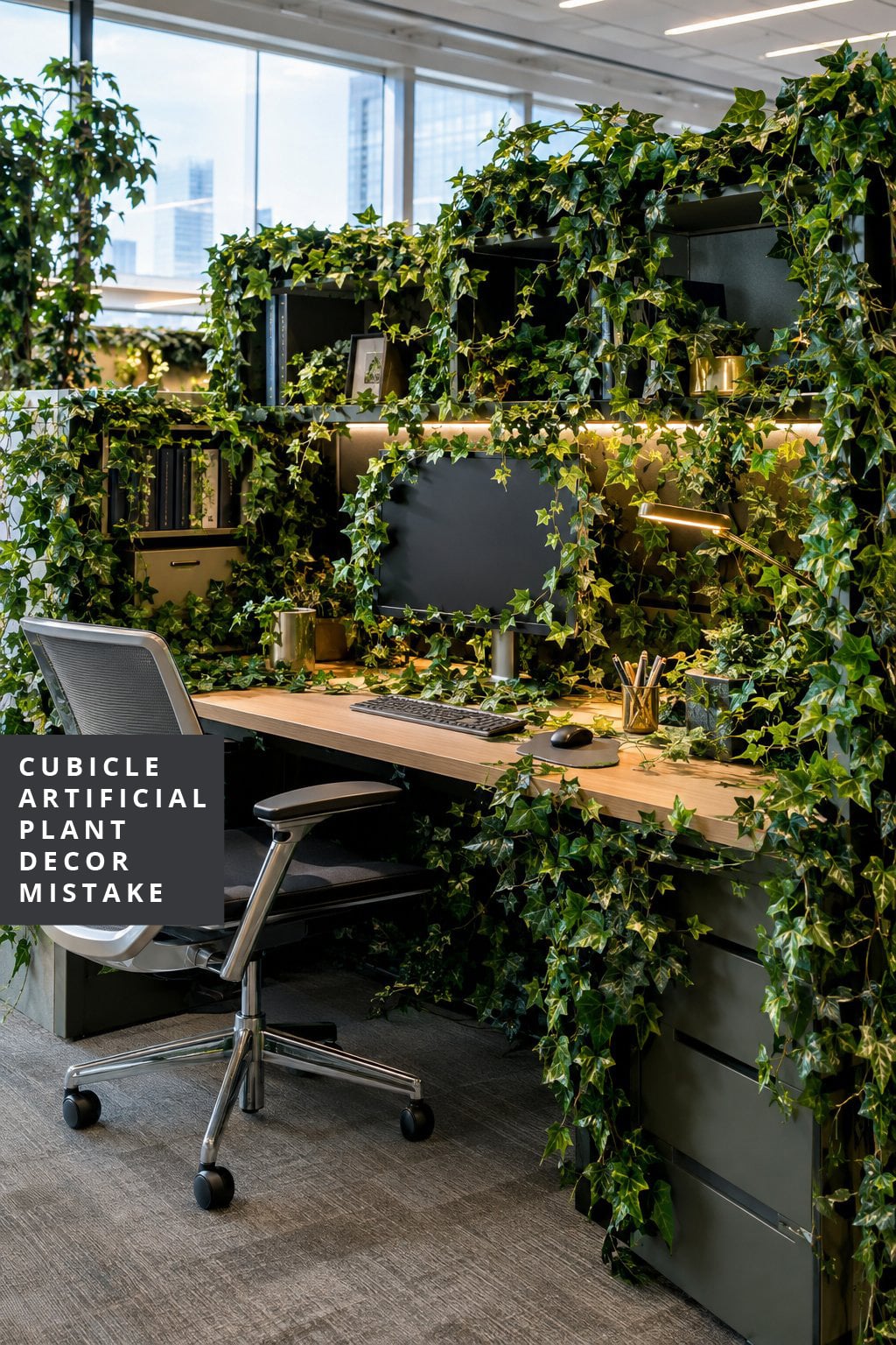 Office Cubicle Artificial Plant Decor Mistake 4 Artificial Vines on Every Surface