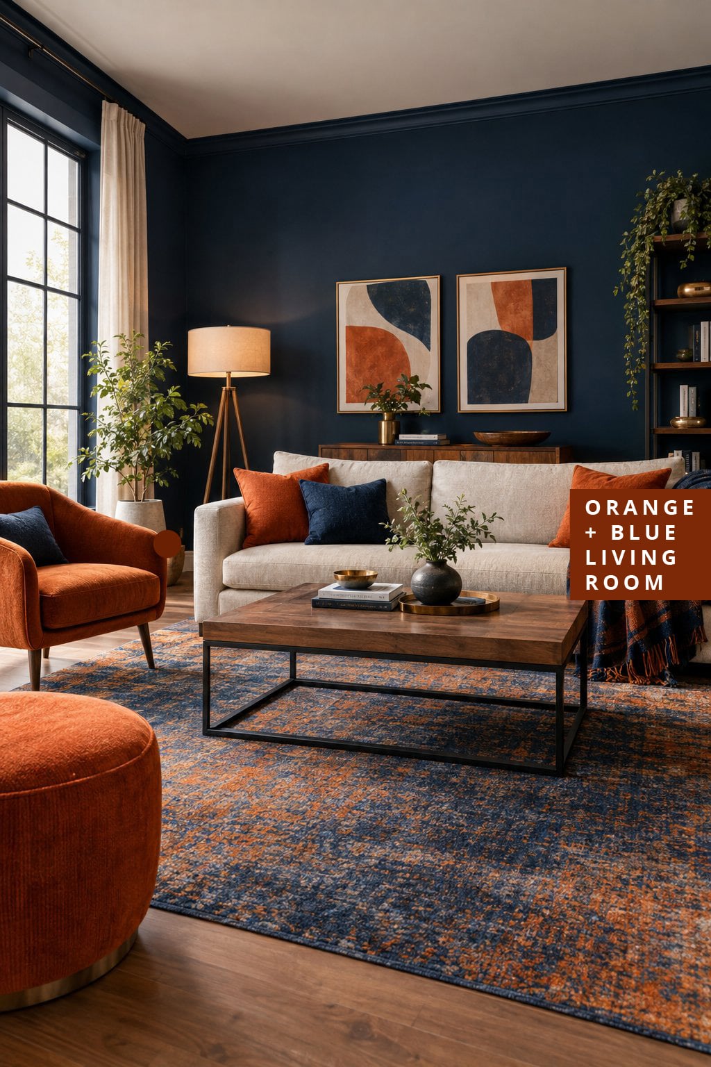 Orange and Blue Living Room Idea 1 Navy Walls Burnt Orange Accents
