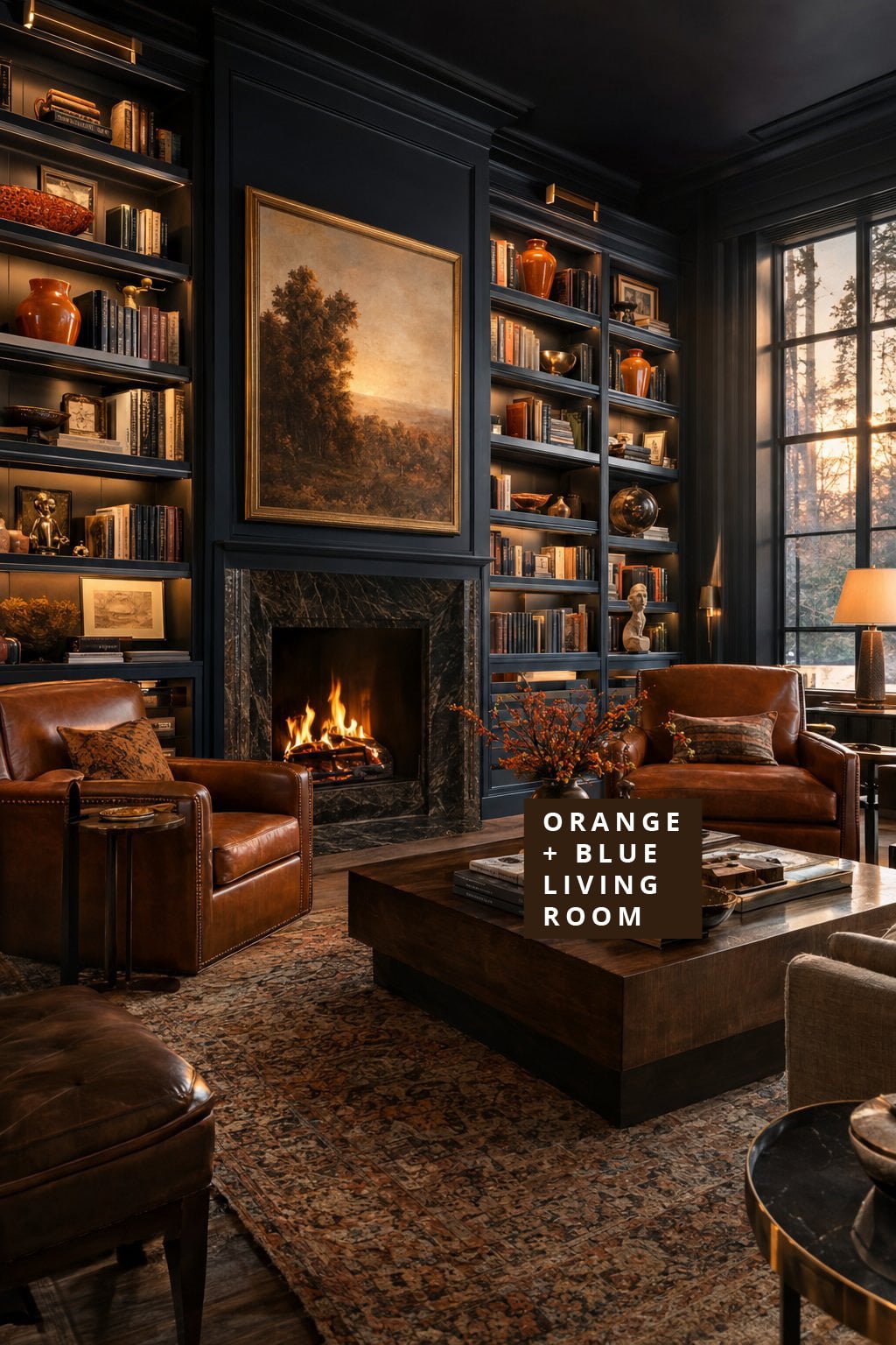 Orange and Blue Living Room Idea 8 Dark Built Ins