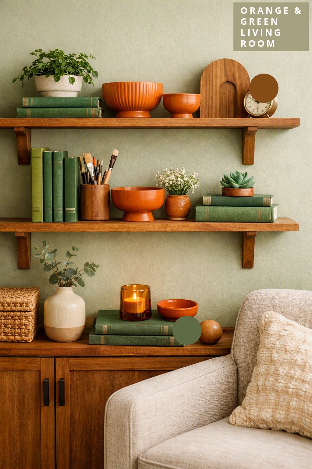 Orange and Green Living Room Decor Idea 9 Shelf Styling