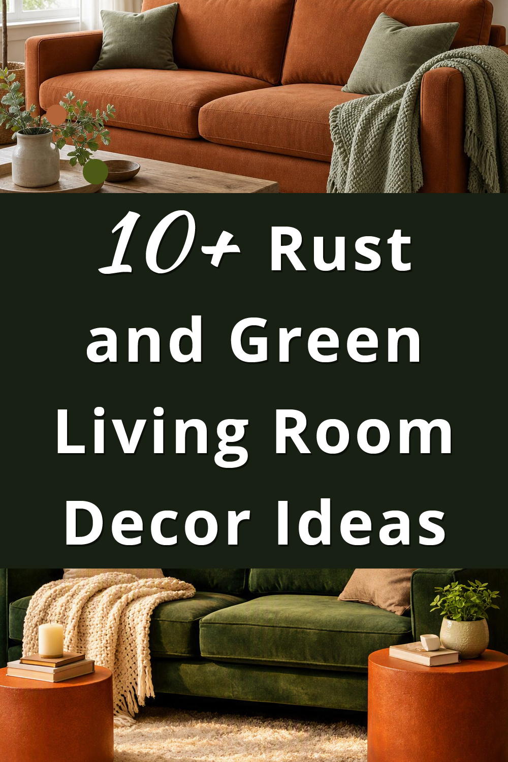 Rust and Green Living Room Decor Ideas pin 1