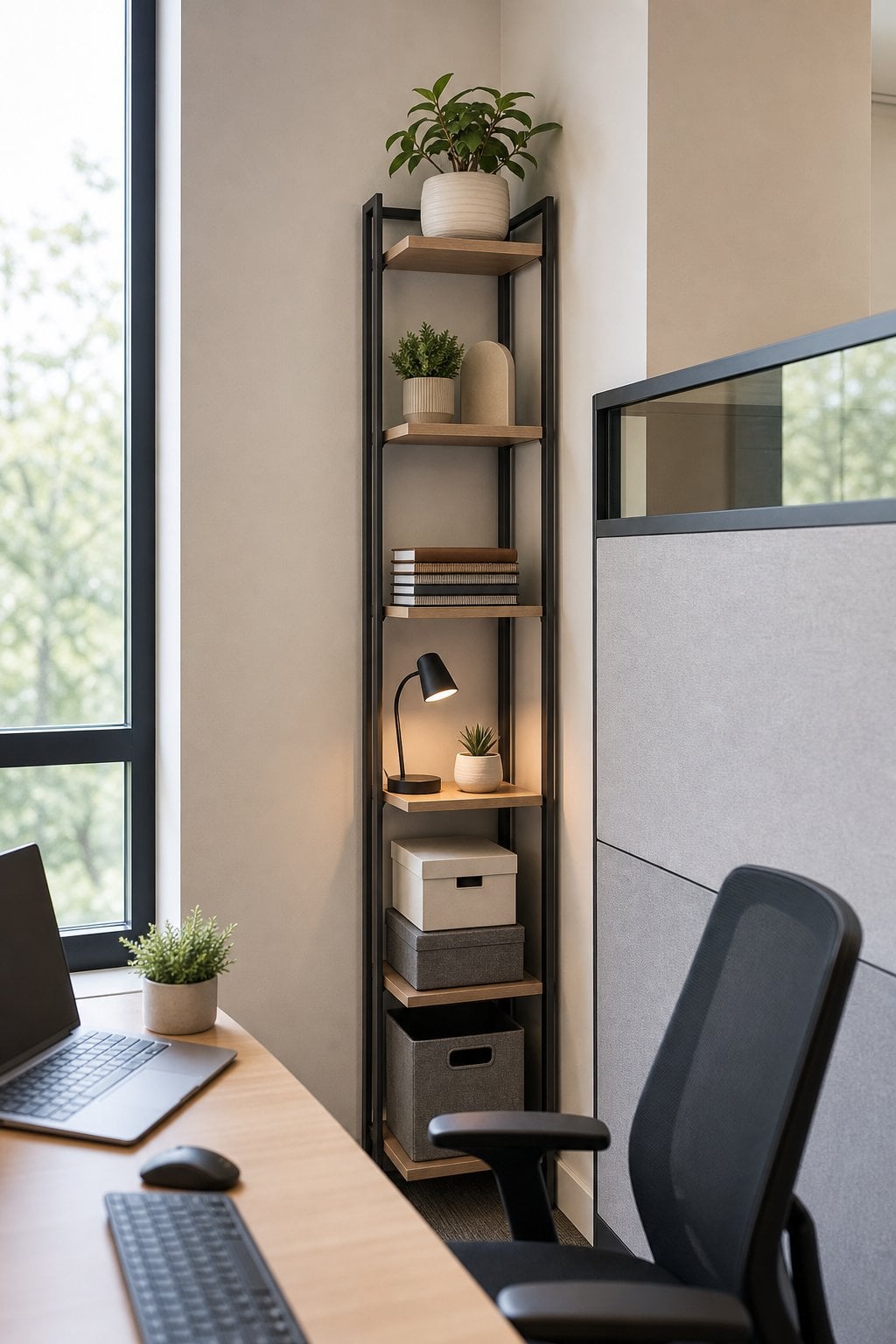 Small Office Cubicle Decor Idea 1 Vertical Shelving