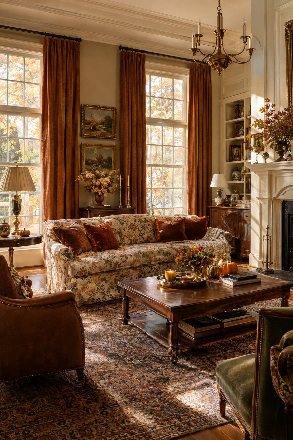 Vintage Fall Living Room Idea 1 Floral Sofa Burnt Orange Velvet Pillows