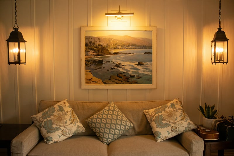 cozy coastal living room with lanterns