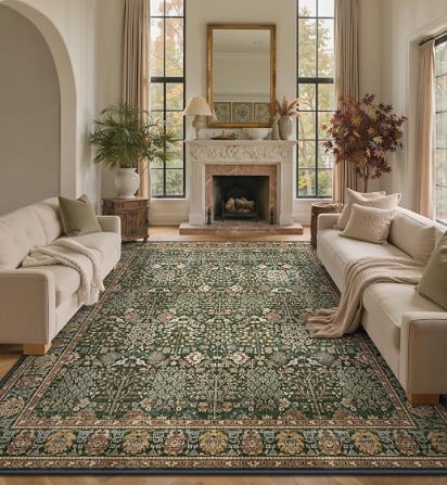 Bavni Washable Rug 8×10 for Living Room, Vintage Floral, Dark Green Brown