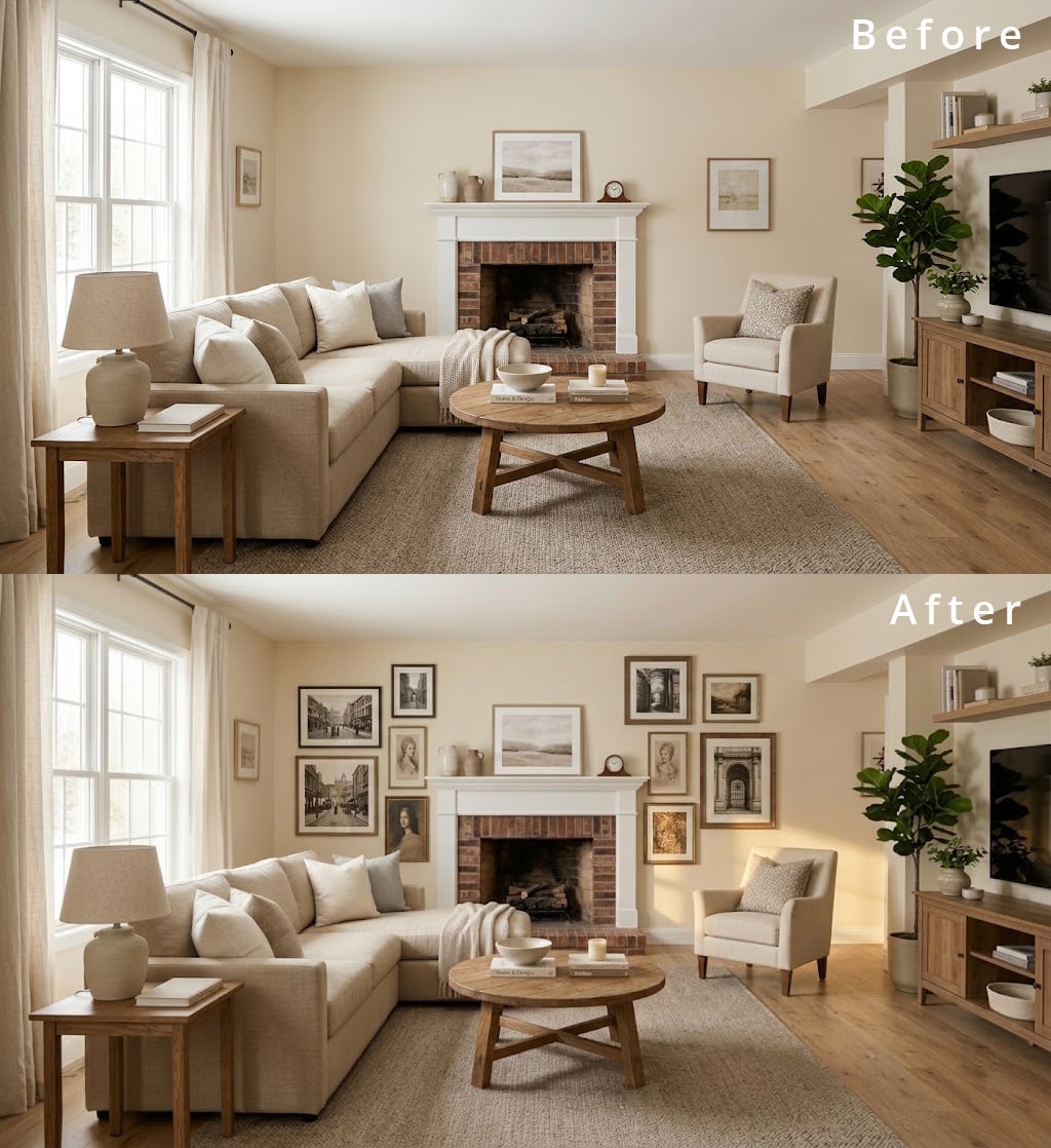 Beige Living Room Before After Styling 1 Gallery Wall