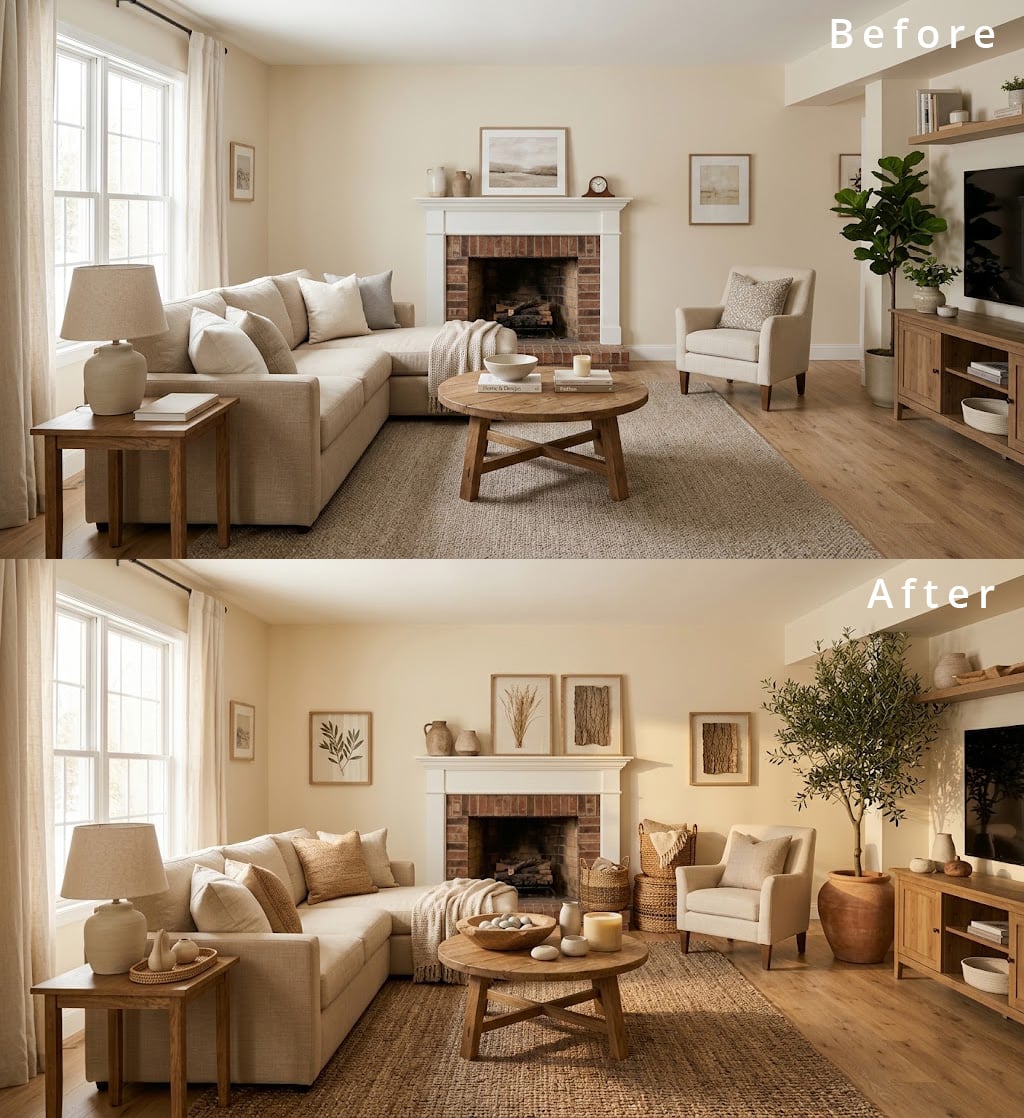 Beige Living Room Before After Styling 10 Natural Elements