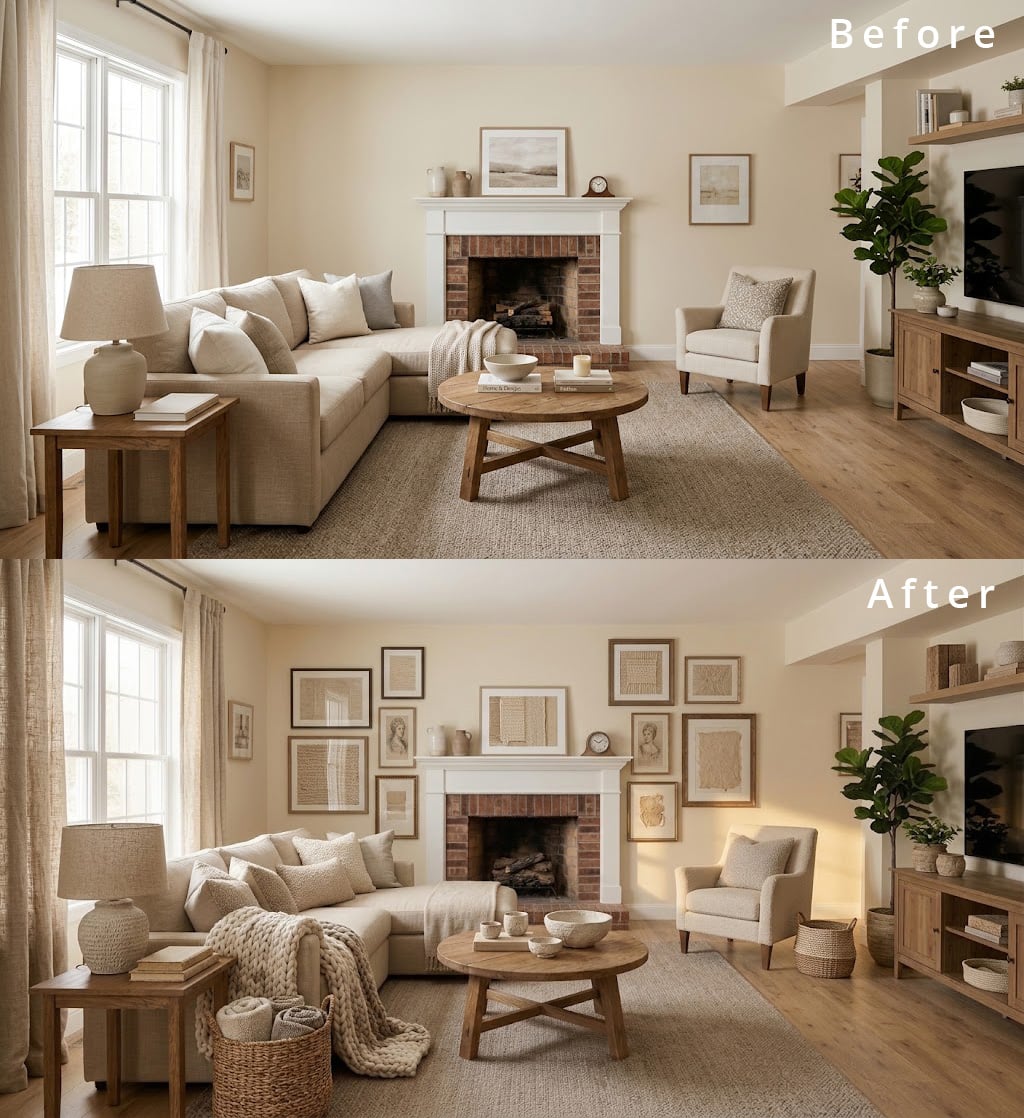 Beige Living Room Before After Styling 2 Layered Textures