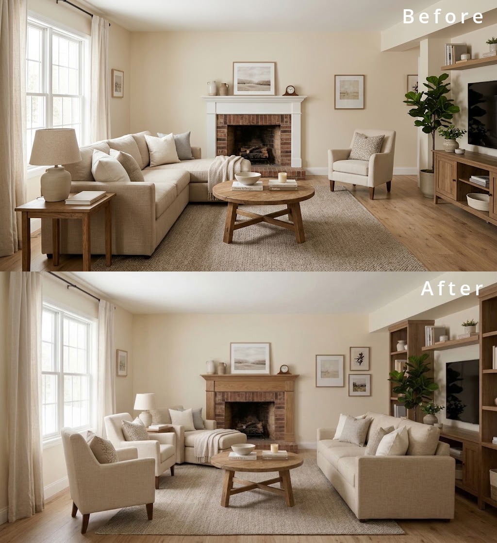 Beige Living Room Before After Styling 3 Furniture Rearrangement