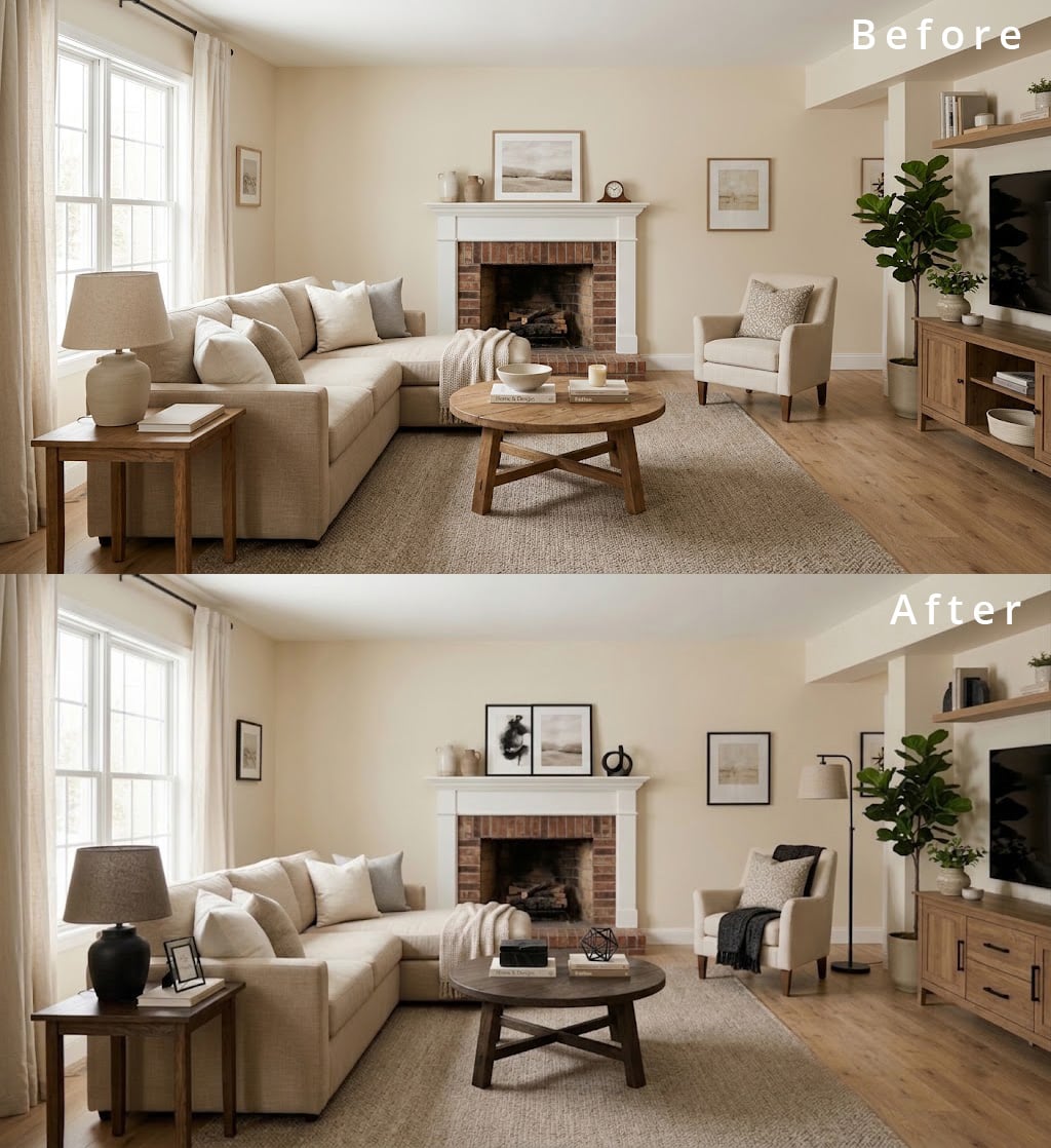 Beige Living Room Before After Styling 4 Black Accents