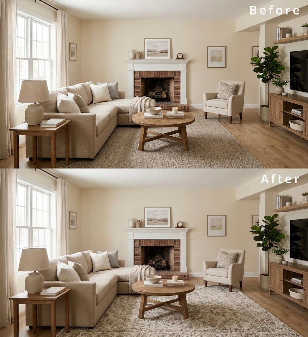 Beige Living Room Before After Styling 5 Rug Upgrade