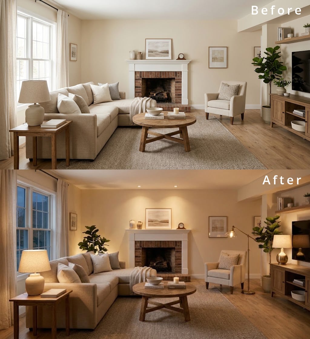 Beige Living Room Before After Styling 6 Better Lighting