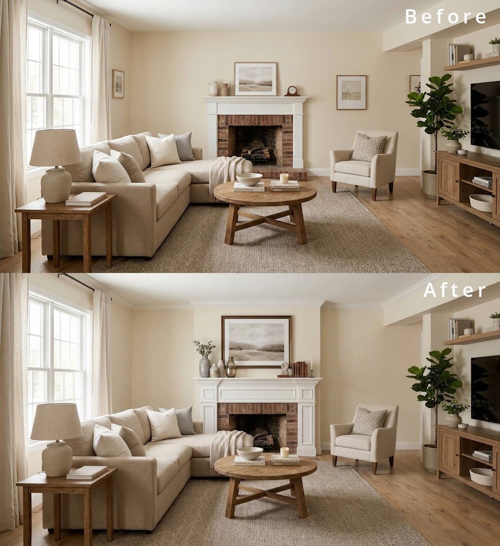 Beige Living Room Before After Styling 7 Fireplace Redesign