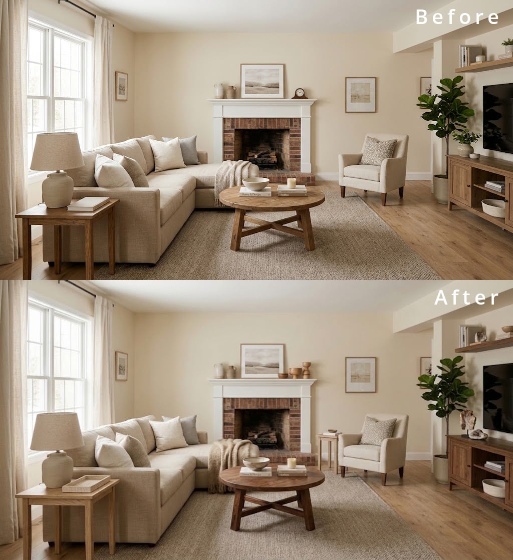 Beige Living Room Before After Styling 8 Mixing Wood Tones