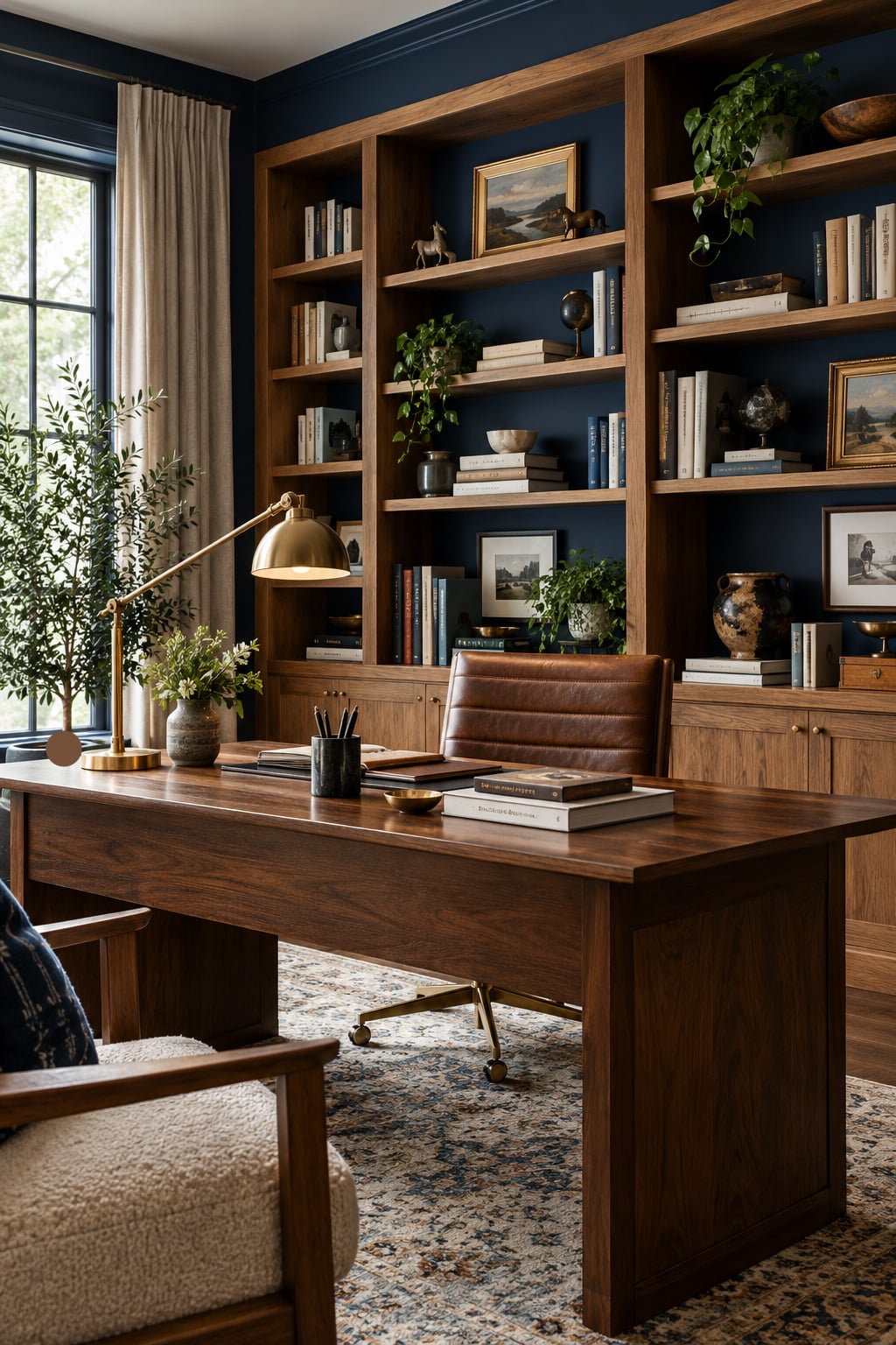 Blue Office Accent Wall Idea 1 Navy Blue with Warm Wood Shelving