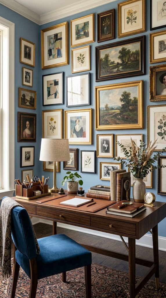 Blue Office Accent Wall Idea 10 Soft Blue with Layered Art