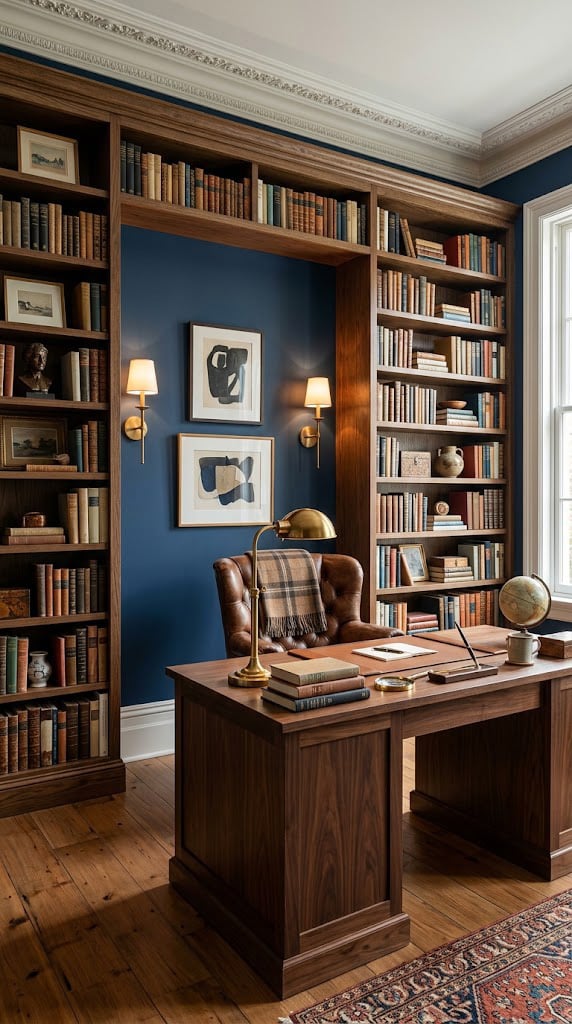 Blue Office Accent Wall Idea 11 Framed by Bookcases