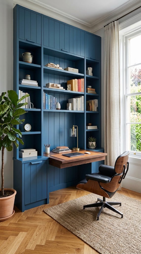 Blue Office Accent Wall Idea 7 with Built In Storage