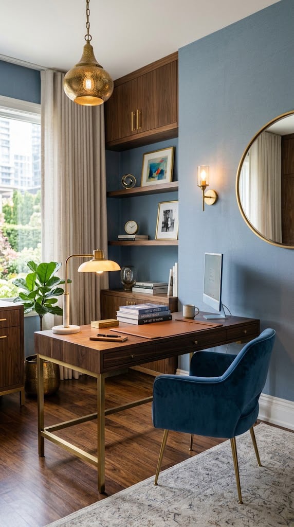 Blue Office Accent Wall Idea 8 with Brass Details
